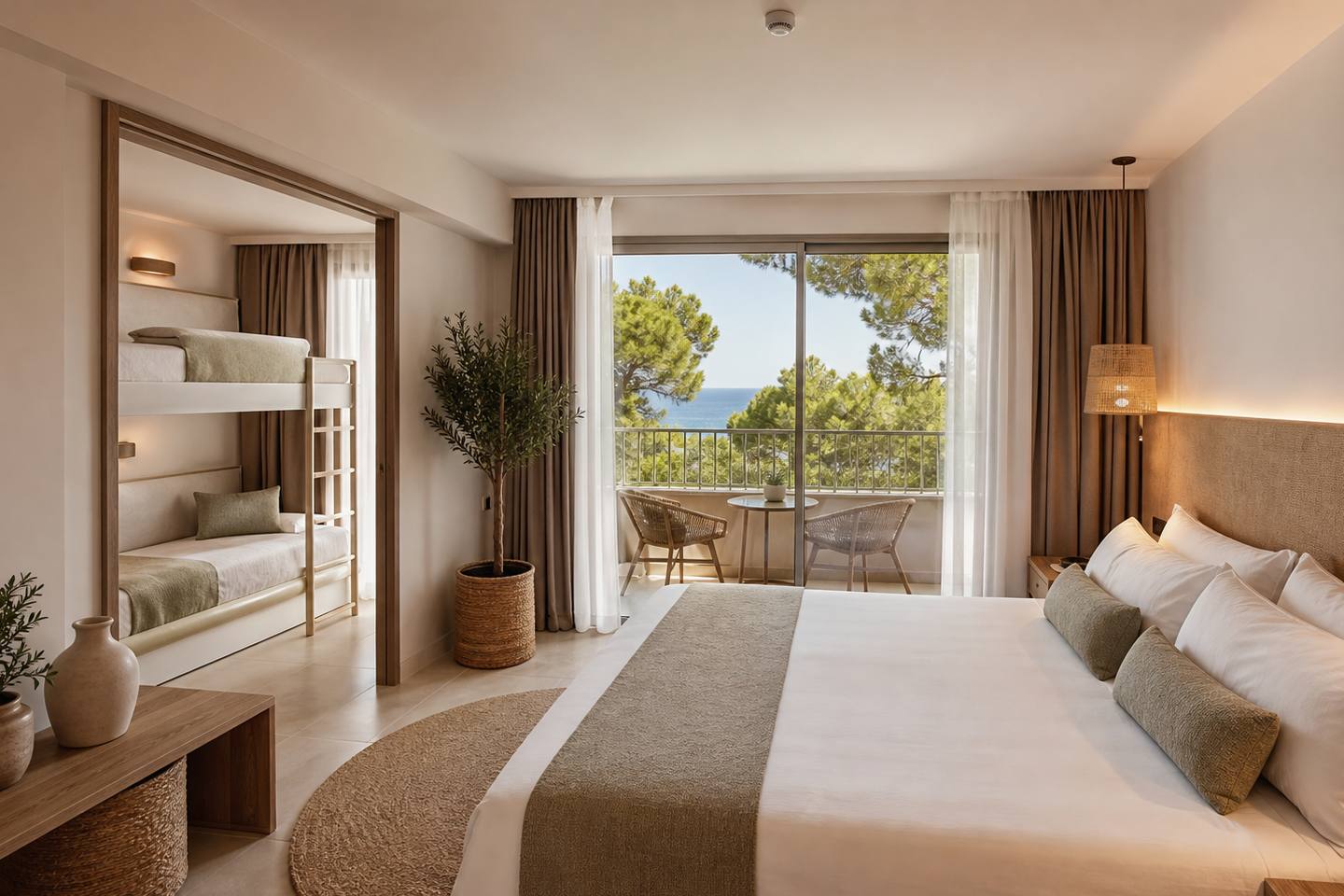 KI-generiertes redaktionelles Stimmungsbild eines mediterranen Hotelzimmers für den Hotelcheck des FERGUS CLUB EUROPA in Peguera