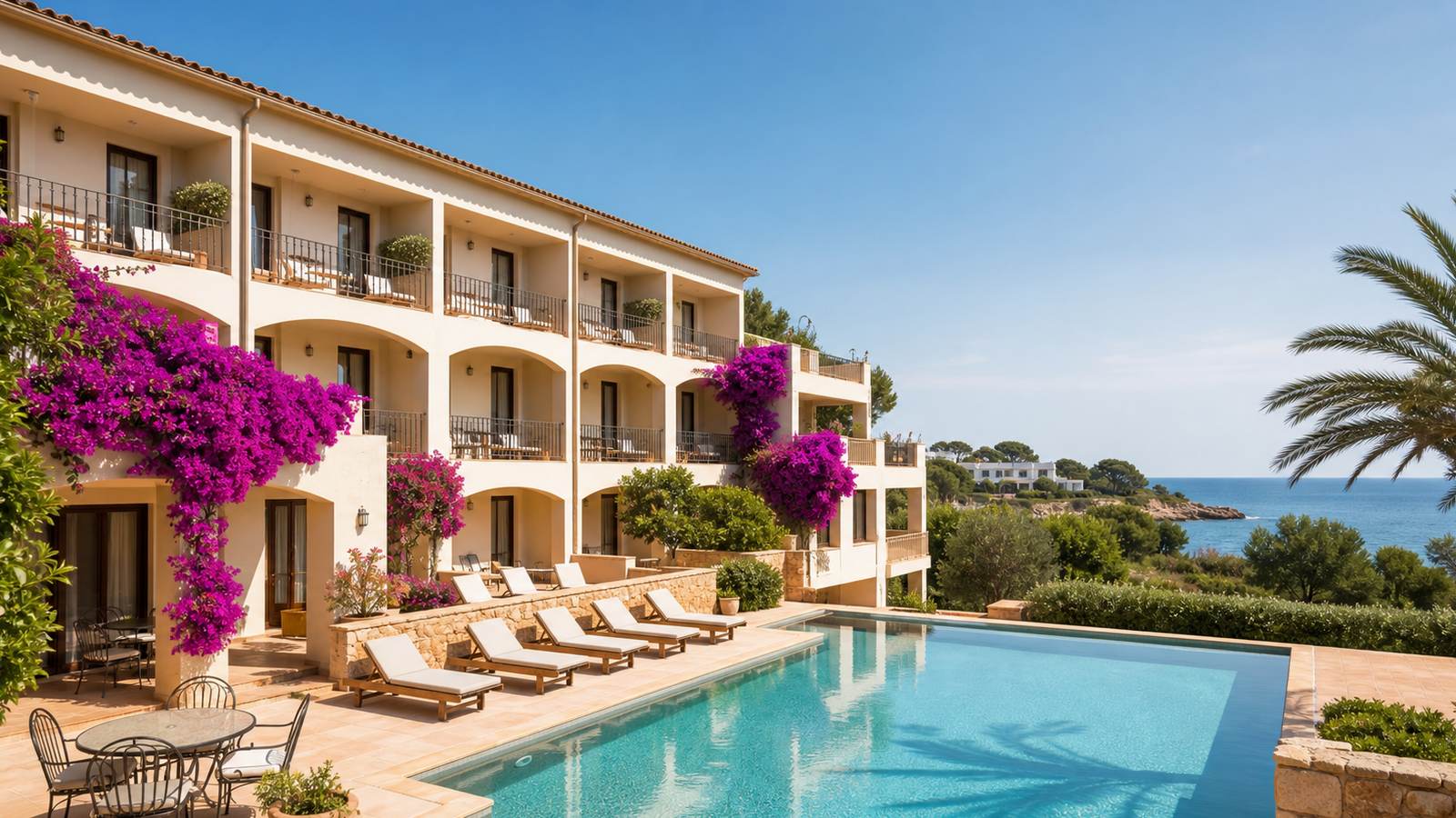 KI-generiertes Mallorca-Stimmungsbild eines mediterranen Hotel-Außenbereichs für den Hotelcheck des FERGUS Club Font de Sa Cala Beach in Font De La Cala