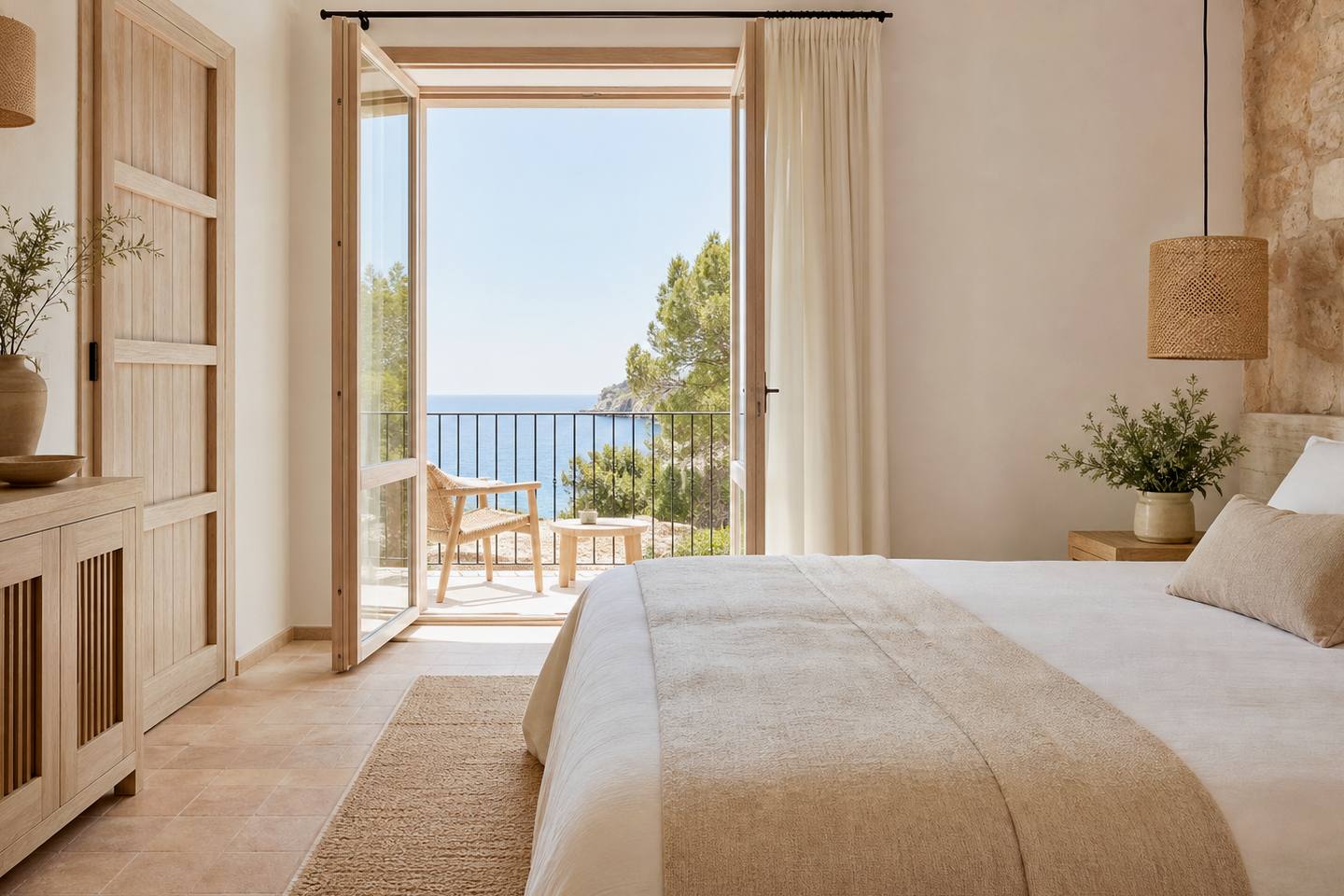 KI-generiertes redaktionelles Stimmungsbild eines mediterranen Hotelzimmers für den Hotelcheck des FERGUS STYLE CALA BLANCA SUITES in Santa Ponça
