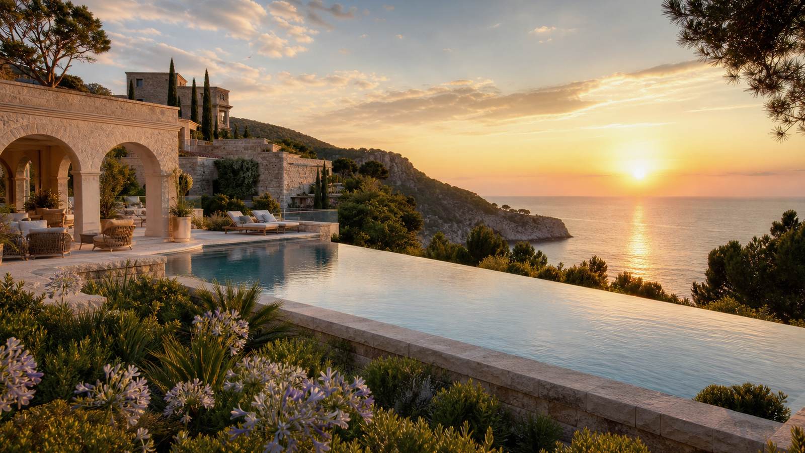KI-generiertes Mallorca-Stimmungsbild eines mediterranen Hotel-Außenbereichs für den Hotelcheck des FERGUS STYLE TOBAGO in Palmanova