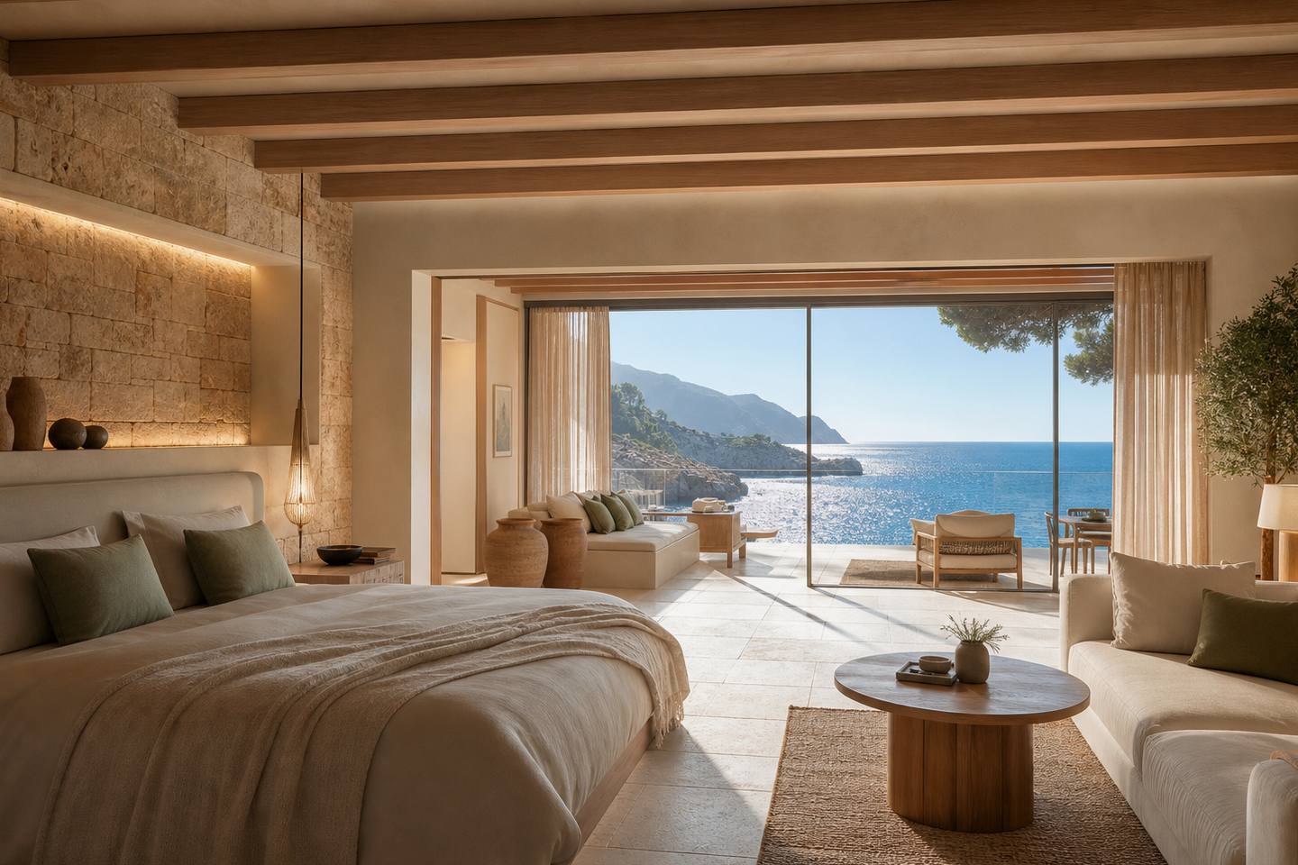 KI-generiertes redaktionelles Stimmungsbild eines mediterranen Hotelzimmers für den Hotelcheck des FERGUS STYLE TOBAGO in Palmanova