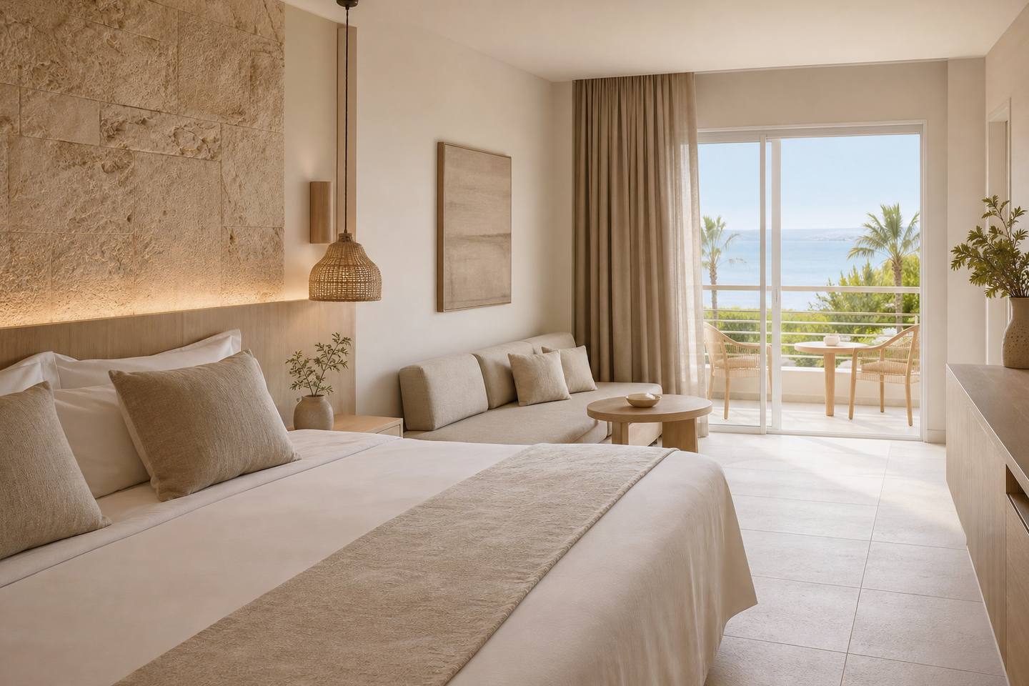 KI-generiertes redaktionelles Stimmungsbild eines mediterranen Hotelzimmers für den Hotelcheck des FLORIANA PARK in Cala Millor