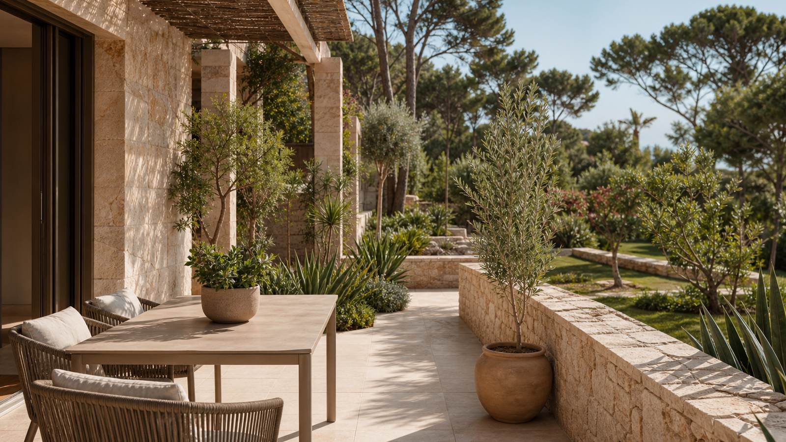 KI-generiertes Mallorca-Stimmungsbild eines mediterranen Hotel-Außenbereichs für den Hotelcheck des FONTANELLAS PLAYA in Can Pastilla