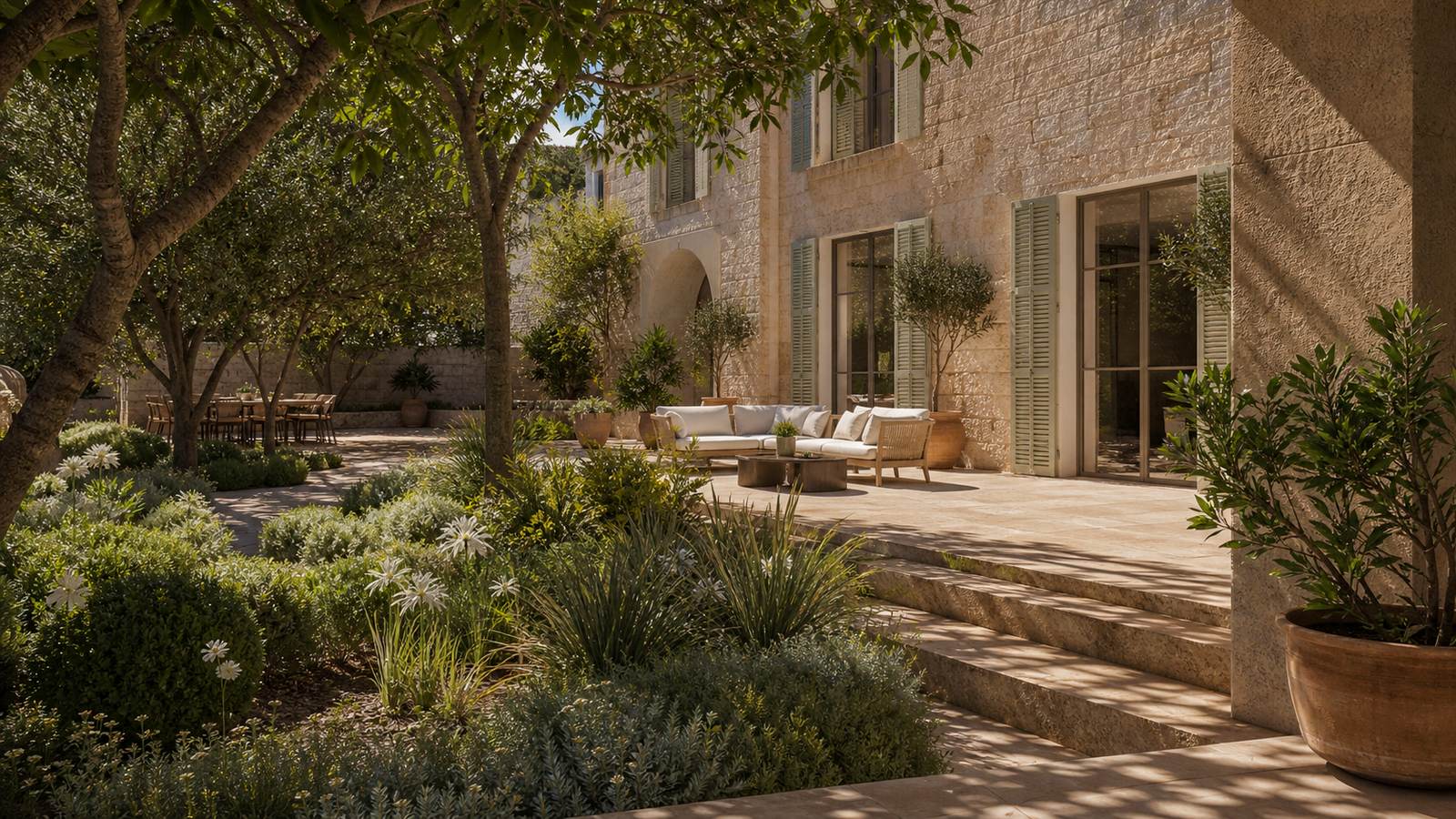 KI-generiertes Mallorca-Stimmungsbild eines mediterranen Hotel-Außenbereichs für den Hotelcheck des FONTSANTA HOTEL-THERMAL, SPA & WELLINES in Campos