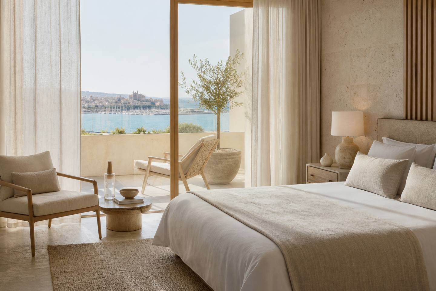 KI-generiertes redaktionelles Stimmungsbild eines mediterranen Hotelzimmers für den Hotelcheck des FONTSANTA HOTEL-THERMAL, SPA & WELLINES in Campos