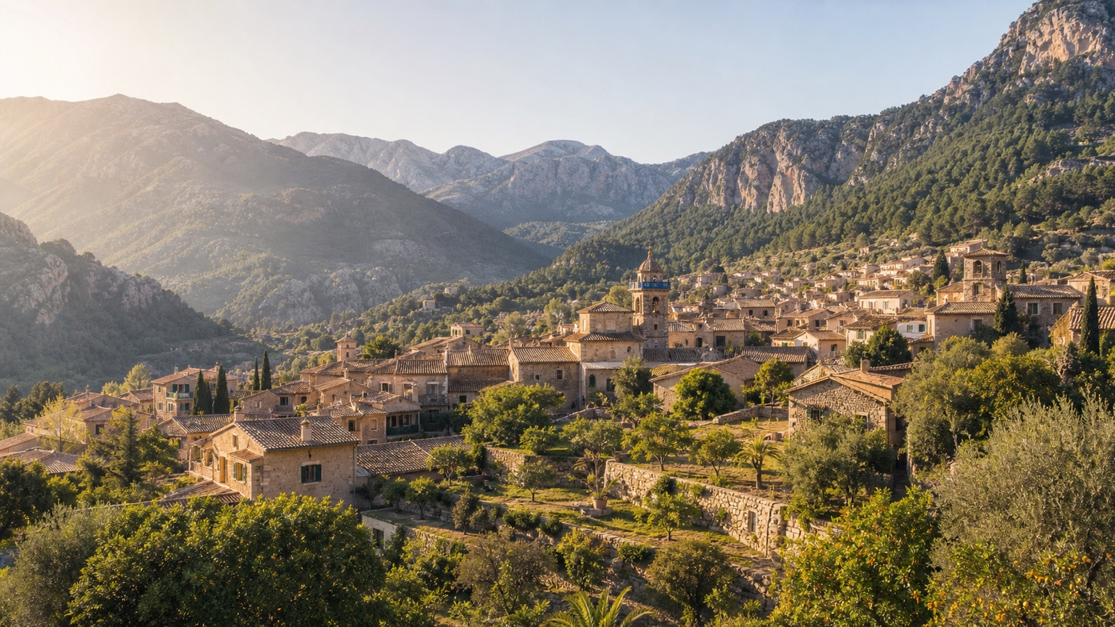 KI-generiertes Stimmungsbild von Fornalutx mit Natursteinhäusern, Terrassengärten und Bergen der Serra de Tramuntana