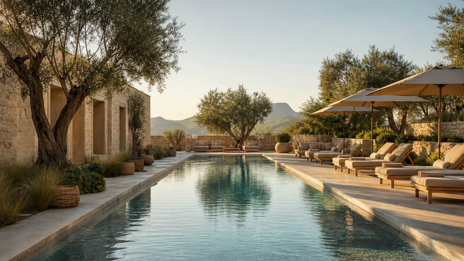 KI-generiertes Mallorca-Stimmungsbild eines mediterranen Hotel-Außenbereichs für den Hotelcheck des FORNALUTX PETIT HOTEL in Fornalutx