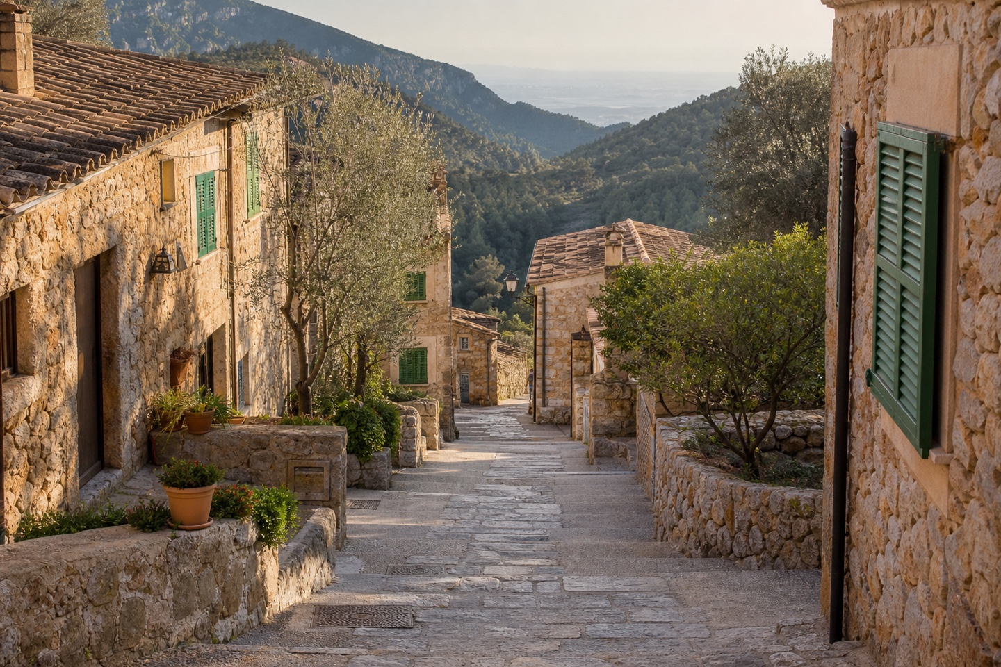 KI-generiertes Stimmungsbild einer steilen gepflasterten Dorfgasse in Galilea mit Natursteinhäusern und Olivenbäumen