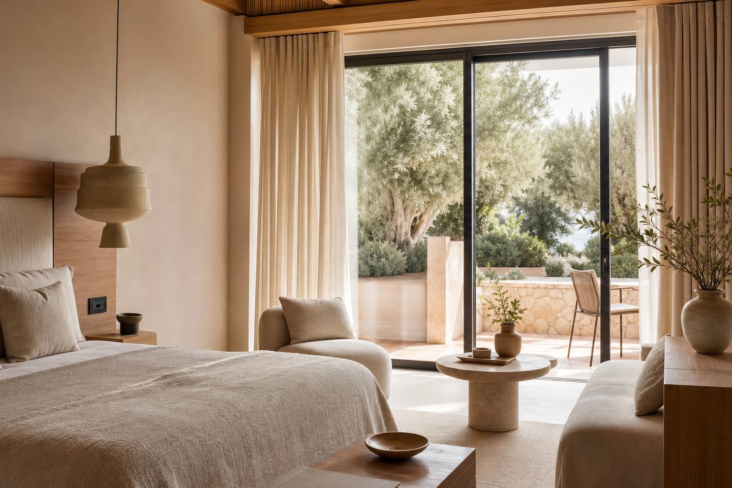 KI-generiertes redaktionelles Stimmungsbild eines mediterranen Hotelzimmers für den Hotelcheck des Garden Saladina in Platja De Muro