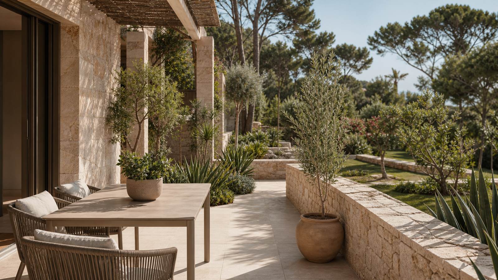 KI-generiertes Mallorca-Stimmungsbild eines mediterranen Hotel-Außenbereichs für den Hotelcheck des GLOBALES BOUGANVILLA in Coma (La)