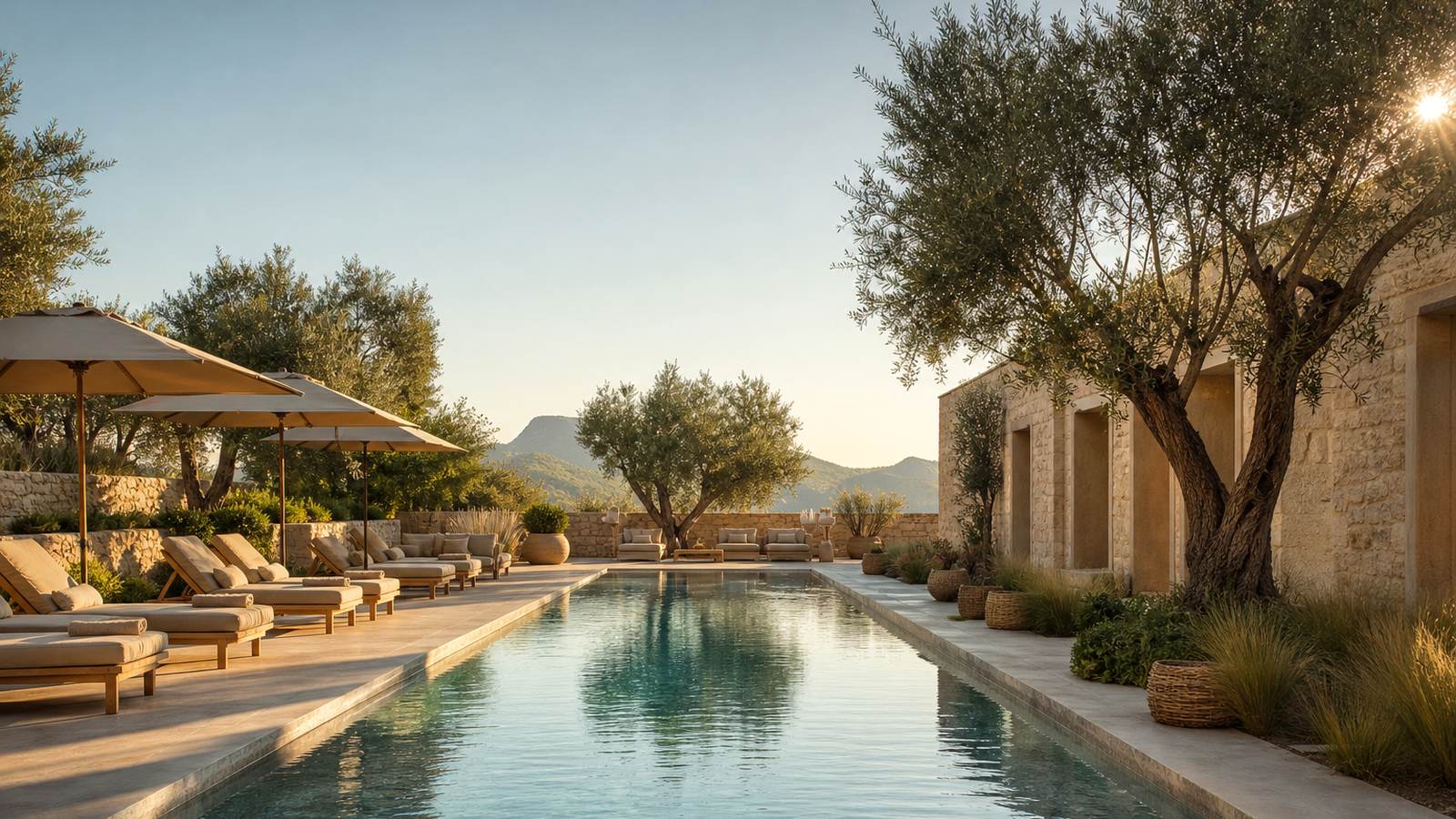 KI-generiertes Mallorca-Stimmungsbild eines mediterranen Hotel-Außenbereichs für den Hotelcheck des Globales Don Pedro in Cala Sant Vicenç