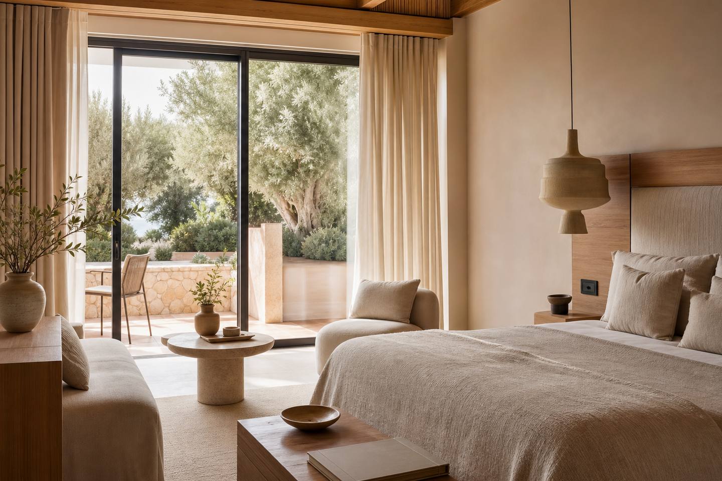 KI-generiertes redaktionelles Stimmungsbild eines mediterranen Hotelzimmers für den Hotelcheck des Globales Don Pedro in Cala Sant Vicenç