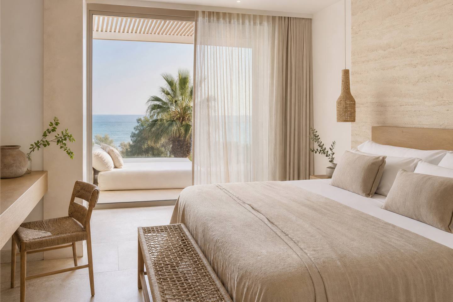 KI-generiertes redaktionelles Stimmungsbild eines mediterranen Hotelzimmers für den Hotelcheck des GRAN MELIA DE MAR in Cas Català-Illetes