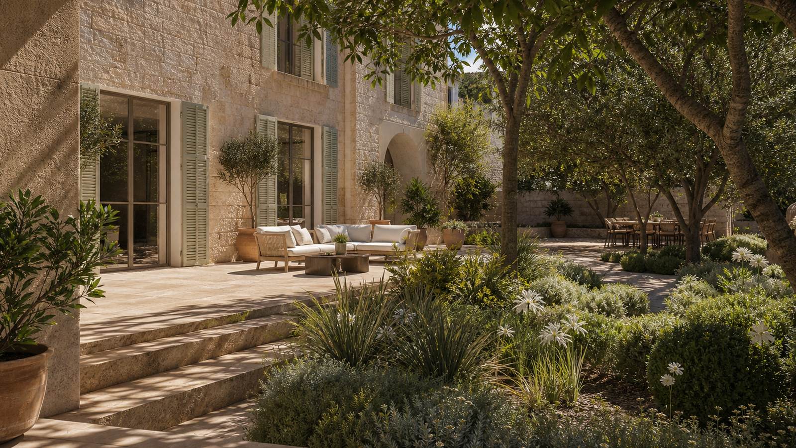 KI-generiertes Mallorca-Stimmungsbild eines mediterranen Hotel-Außenbereichs für den Hotelcheck des GRAN MELIA VICTORIA in Palma