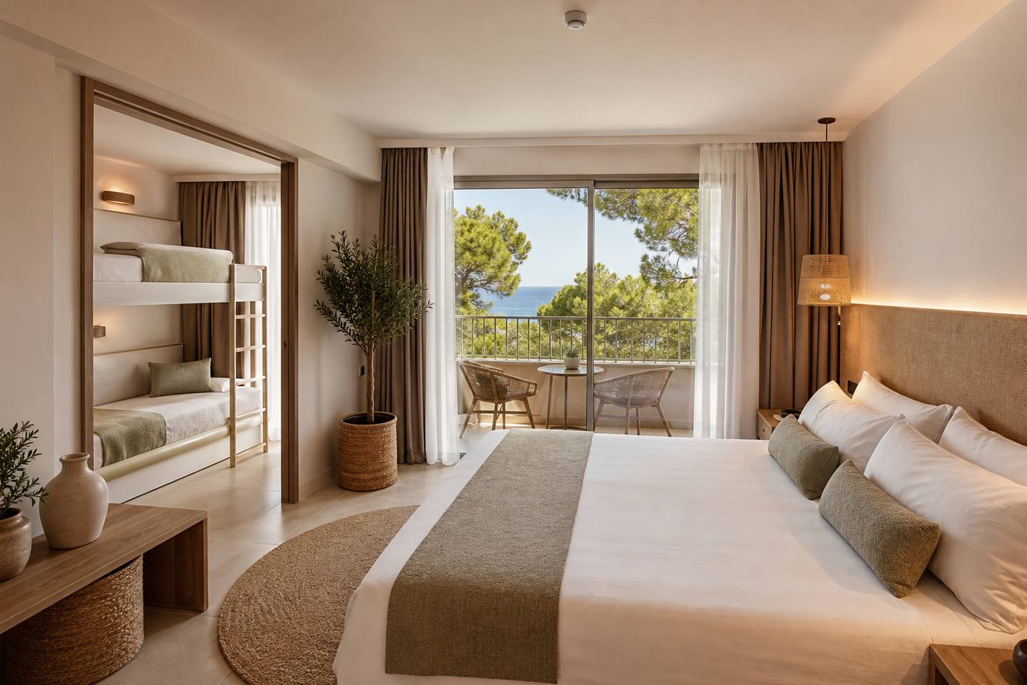 KI-generiertes redaktionelles Stimmungsbild eines mediterranen Hotelzimmers für den Hotelcheck des Gran Sol Family in Cala Ferrera