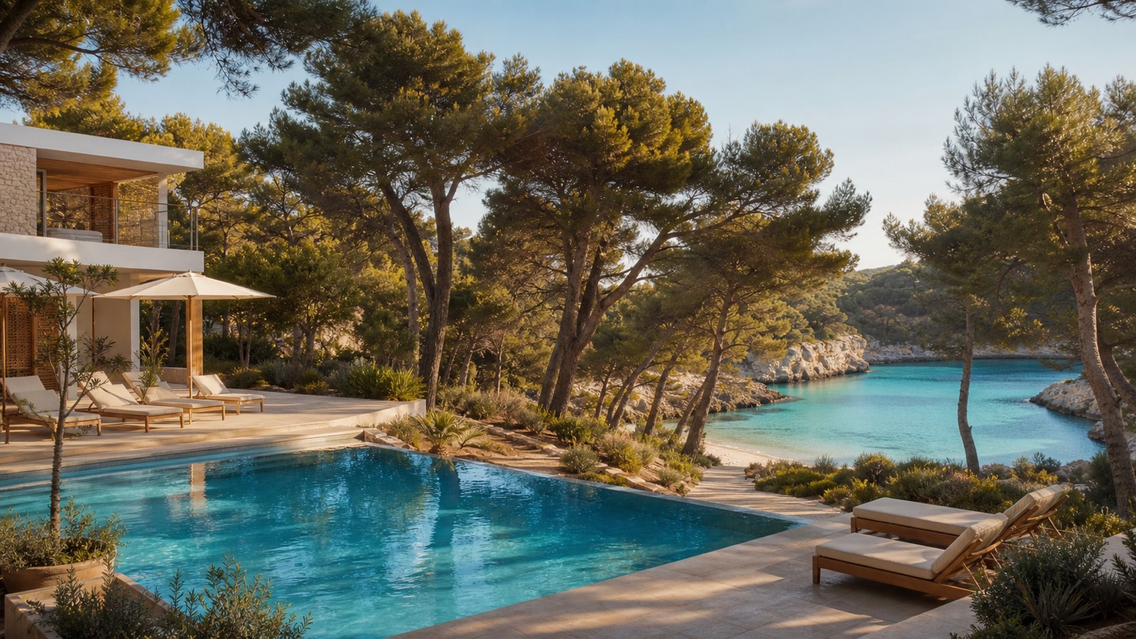 KI-generiertes Stimmungsbild eines modernen Nature-Hotels mit Pool zwischen Pinien und der Cala Marsal bei Portocolom
