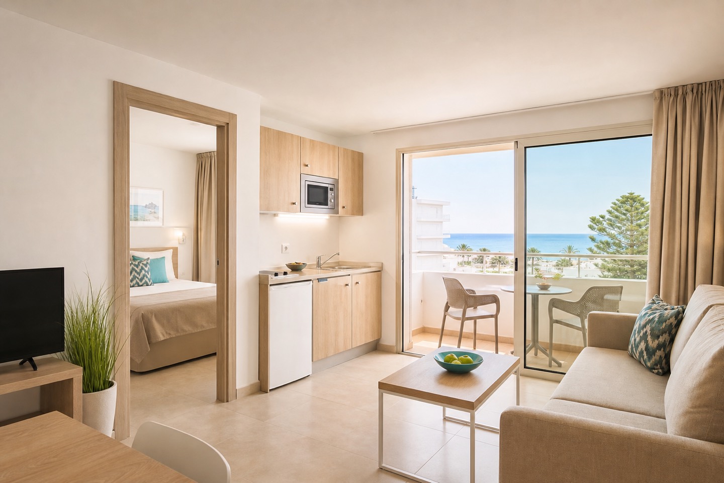 KI-Stimmungsbild für Grupotel Mallorca Mar mit 36 Quadratmeter großem Apartment, Küchenzeile, Balkon und Meerblick