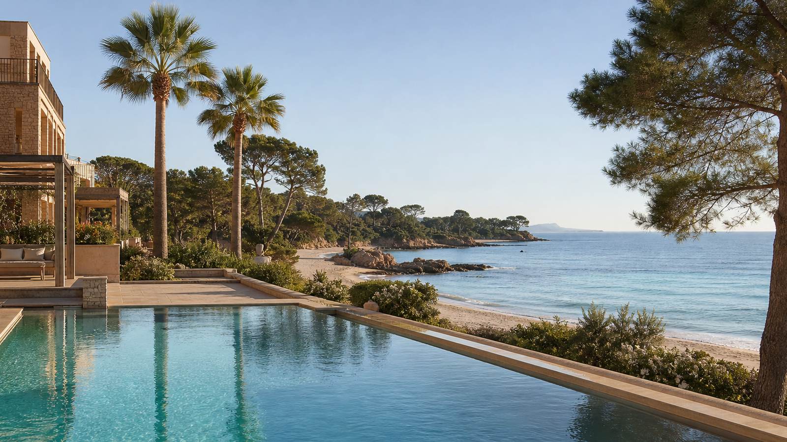 KI-generiertes Mallorca-Stimmungsbild eines mediterranen Hotel-Außenbereichs für den Hotelcheck des H10 CASA DEL MAR in Santa Ponça