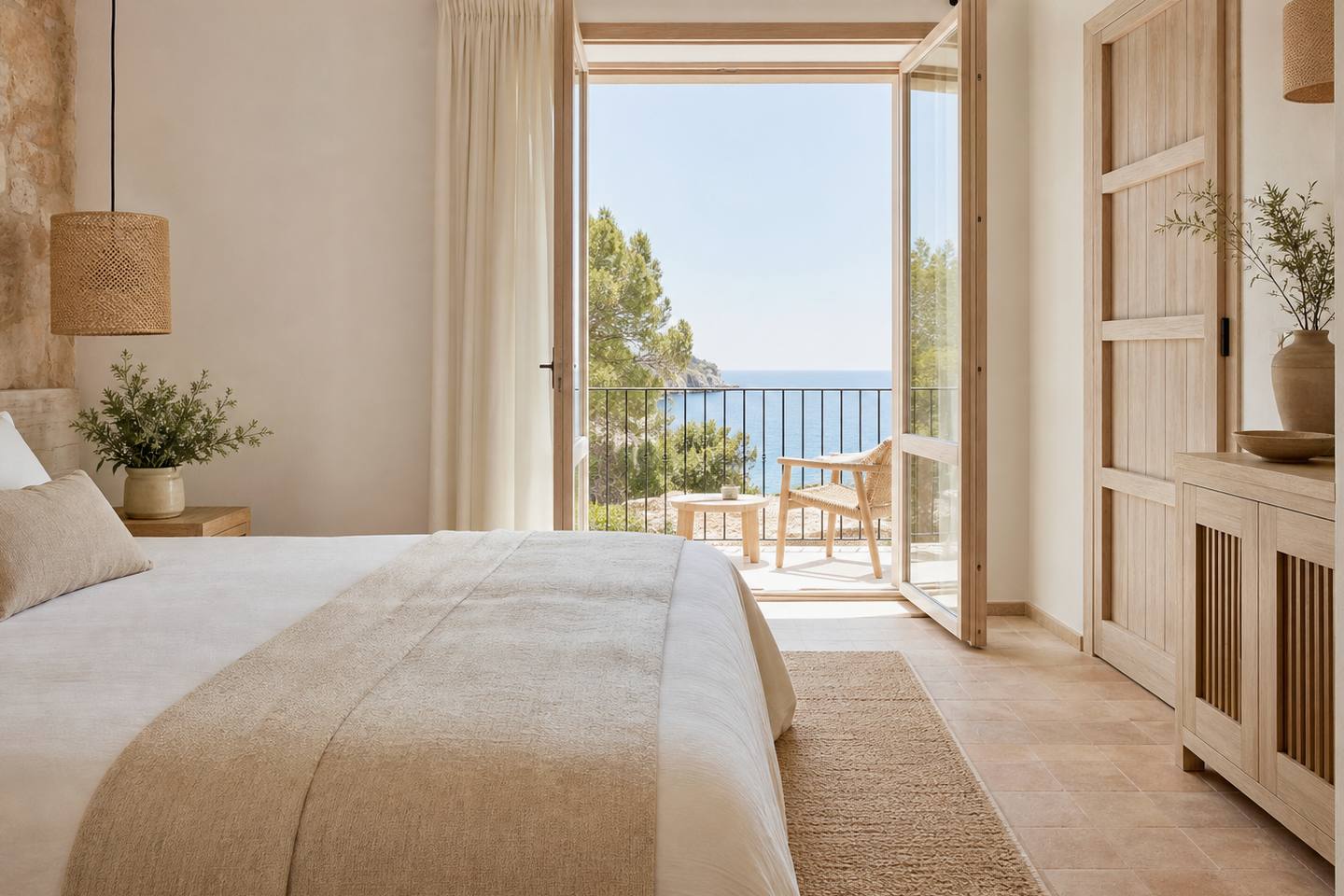 KI-generiertes redaktionelles Stimmungsbild eines mediterranen Hotelzimmers für den Hotelcheck des H10 CASA DEL MAR in Santa Ponça