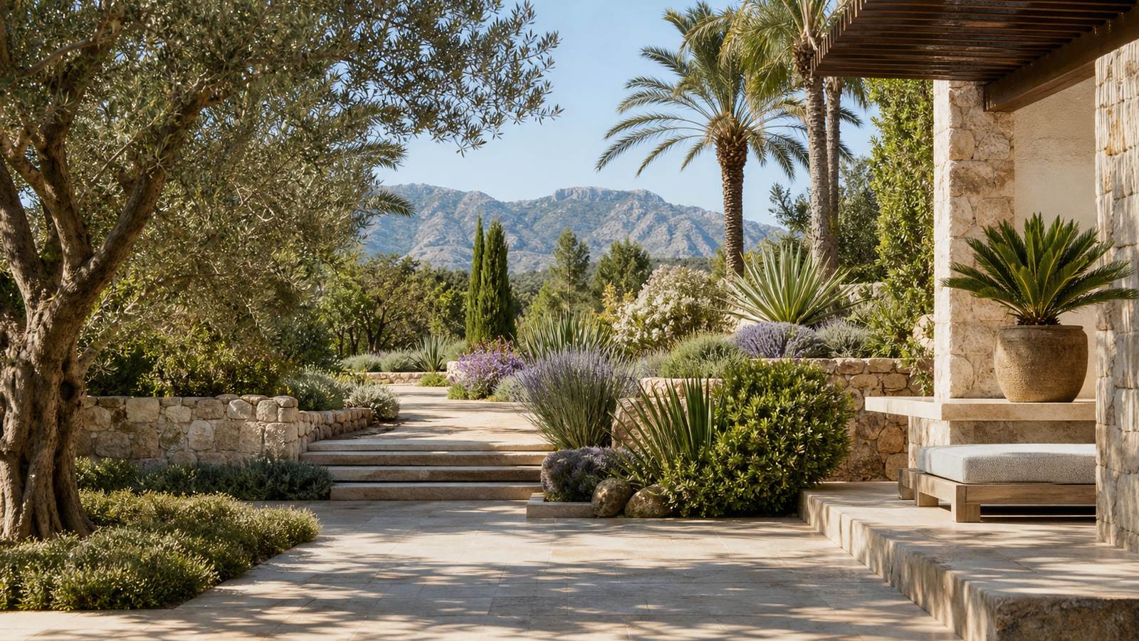 KI-generiertes Mallorca-Stimmungsbild eines mediterranen Hotel-Außenbereichs für den Hotelcheck des HISPANIA in Platja De Palma