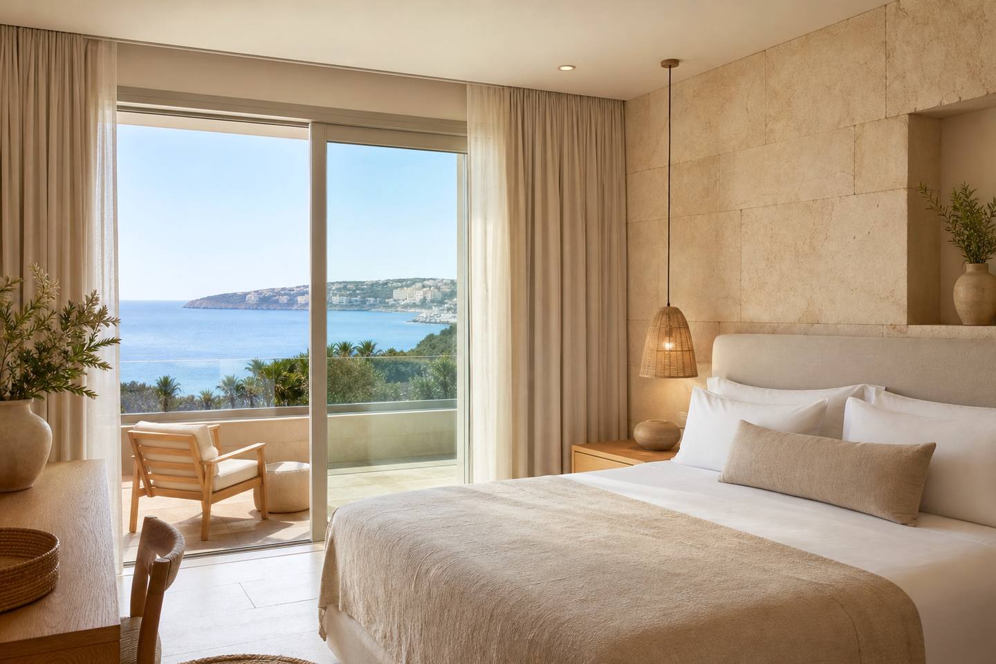 KI-generiertes redaktionelles Stimmungsbild eines mediterranen Hotelzimmers für den Hotelcheck des HISPANIA in Platja De Palma