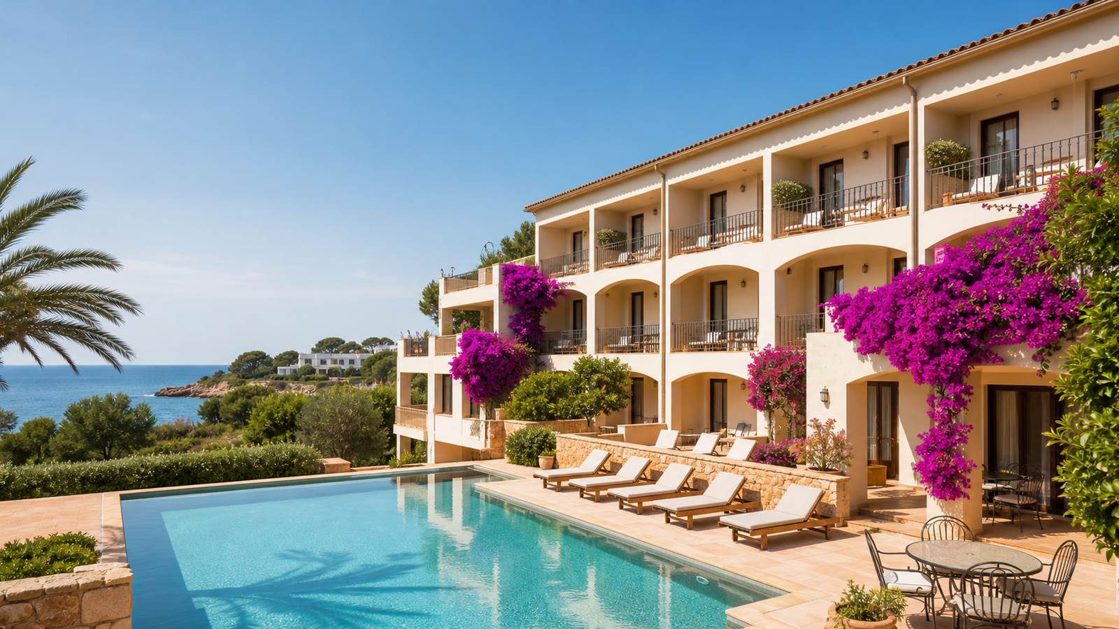 KI-generiertes Mallorca-Stimmungsbild eines mediterranen Hotel-Außenbereichs für den Hotelcheck des HM MARTINIQUE in Palmanova