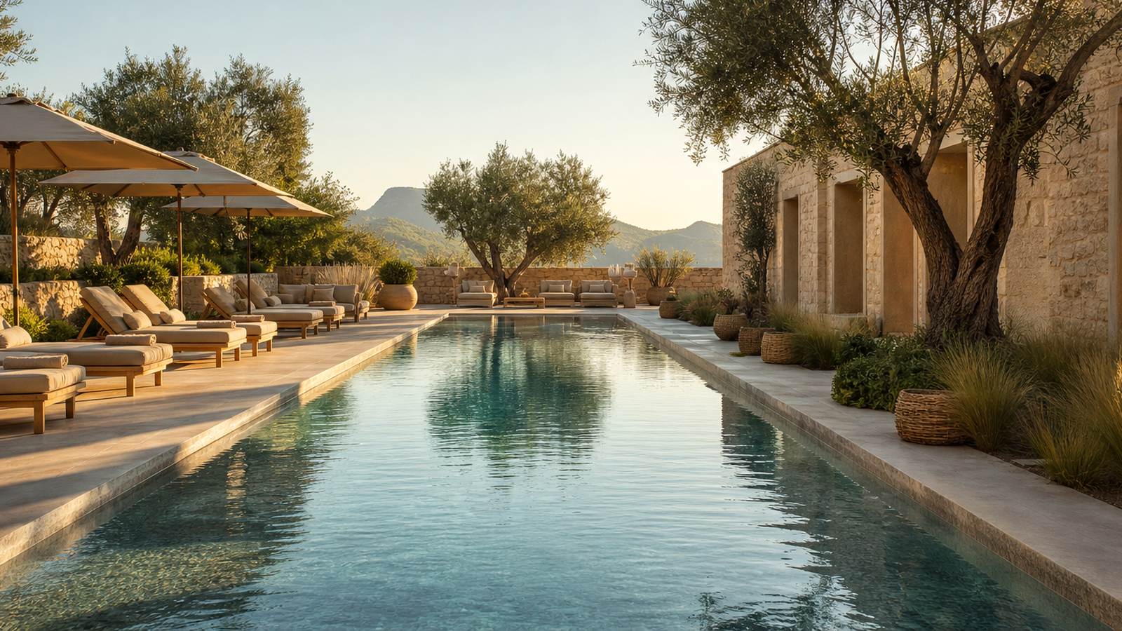 KI-generiertes Mallorca-Stimmungsbild eines mediterranen Hotel-Außenbereichs für den Hotelcheck des HM Palma Blanc in Palma