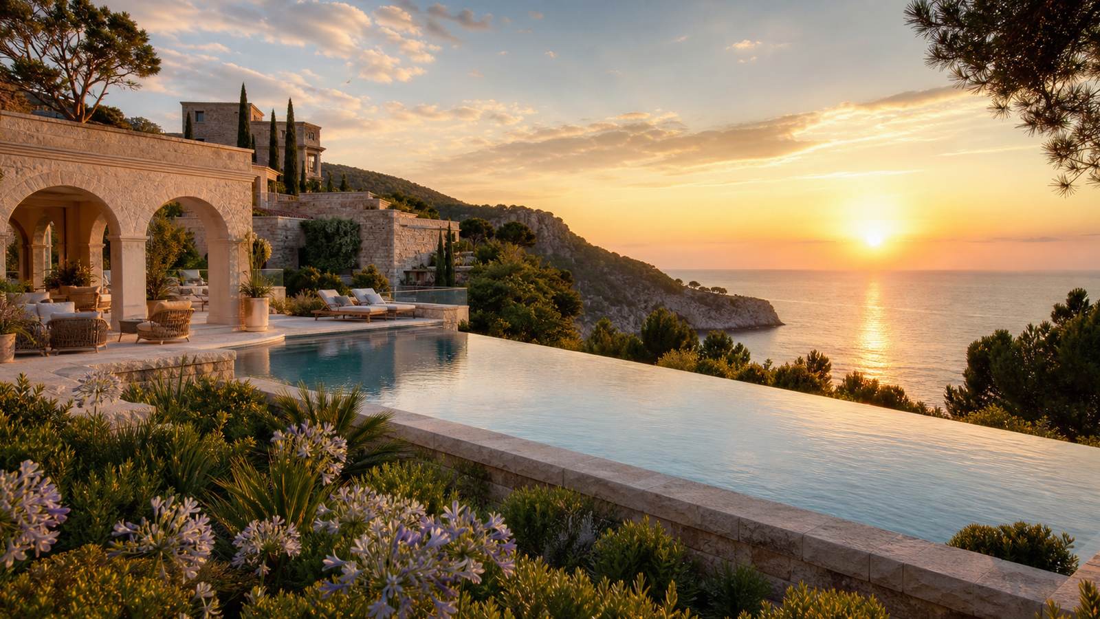 KI-generiertes Mallorca-Stimmungsbild eines mediterranen Hotel-Außenbereichs für den Hotelcheck des HONUCAI in Colònia De Sant Jordi