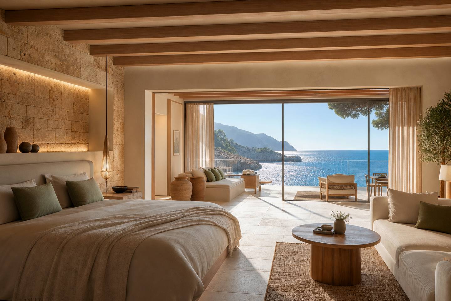 KI-generiertes redaktionelles Stimmungsbild eines mediterranen Hotelzimmers für den Hotelcheck des HONUCAI in Colònia De Sant Jordi