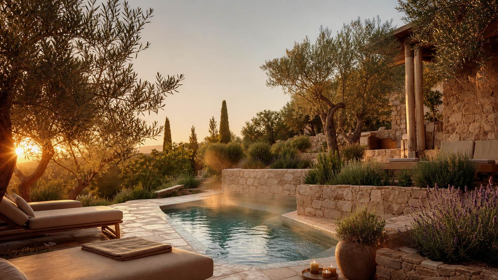 KI-generiertes Mallorca-Stimmungsbild eines mediterranen Hotel-Außenbereichs für den Hotelcheck des Hotel Calimera Fido Gardens in Cala D´Or