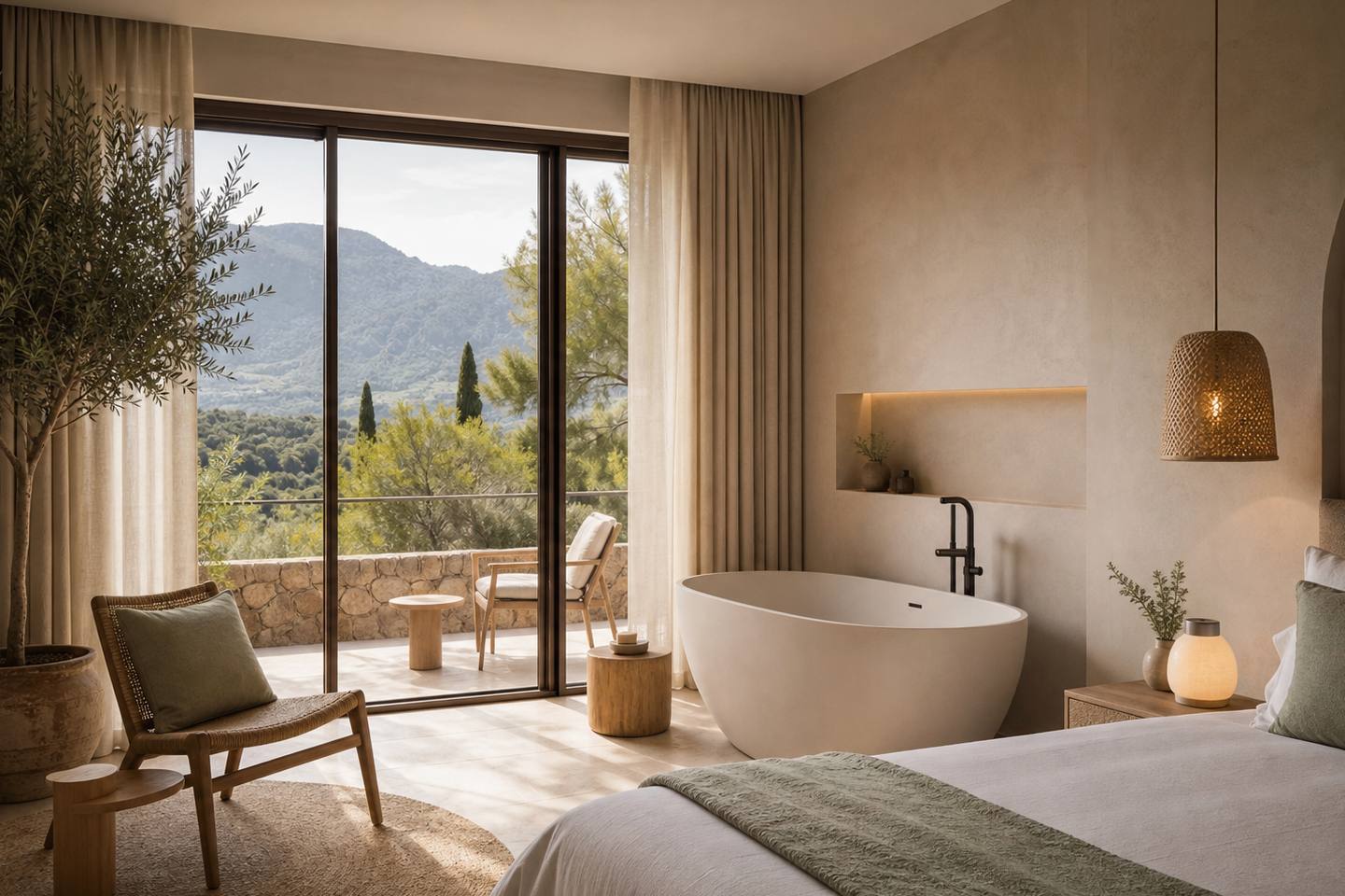 KI-generiertes redaktionelles Stimmungsbild eines mediterranen Hotelzimmers für den Hotelcheck des Hotel Calimera Fido Gardens in Cala D´Or