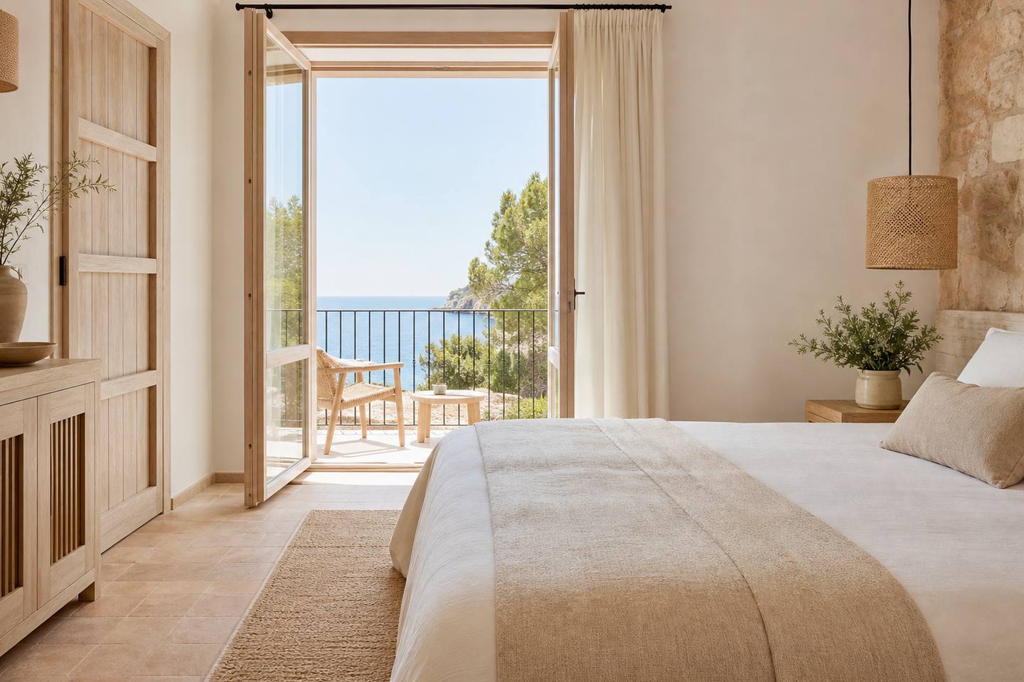 KI-generiertes redaktionelles Stimmungsbild eines mediterranen Hotelzimmers für den Hotelcheck des Hotel Caramelo Palma Beach in Platja De Palma