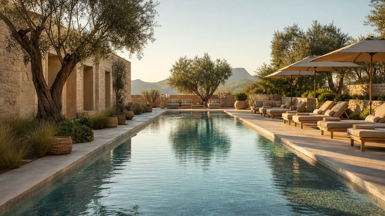 KI-generiertes Mallorca-Stimmungsbild eines mediterranen Hotel-Außenbereichs für den Hotelcheck des Hotel Globales Concord in Can Picafort