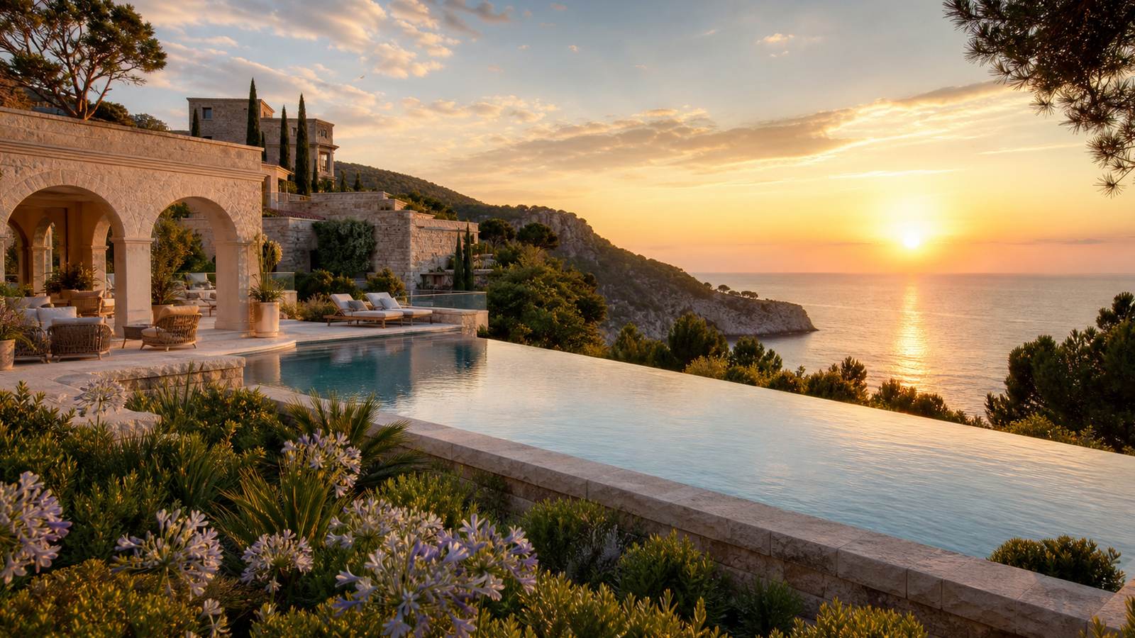 KI-generiertes Mallorca-Stimmungsbild eines mediterranen Hotel-Außenbereichs für den Hotelcheck des Hotel Gran Fornells Thalasso & SPA in Cala Fornells