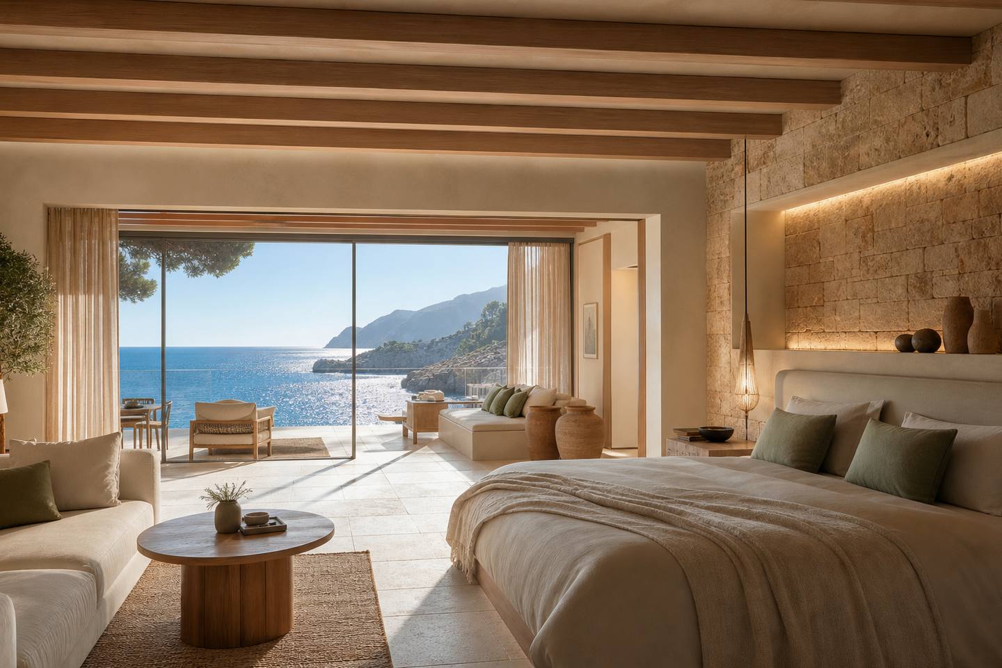 KI-generiertes redaktionelles Stimmungsbild eines mediterranen Hotelzimmers für den Hotelcheck des Hotel Gran Fornells Thalasso & SPA in Cala Fornells