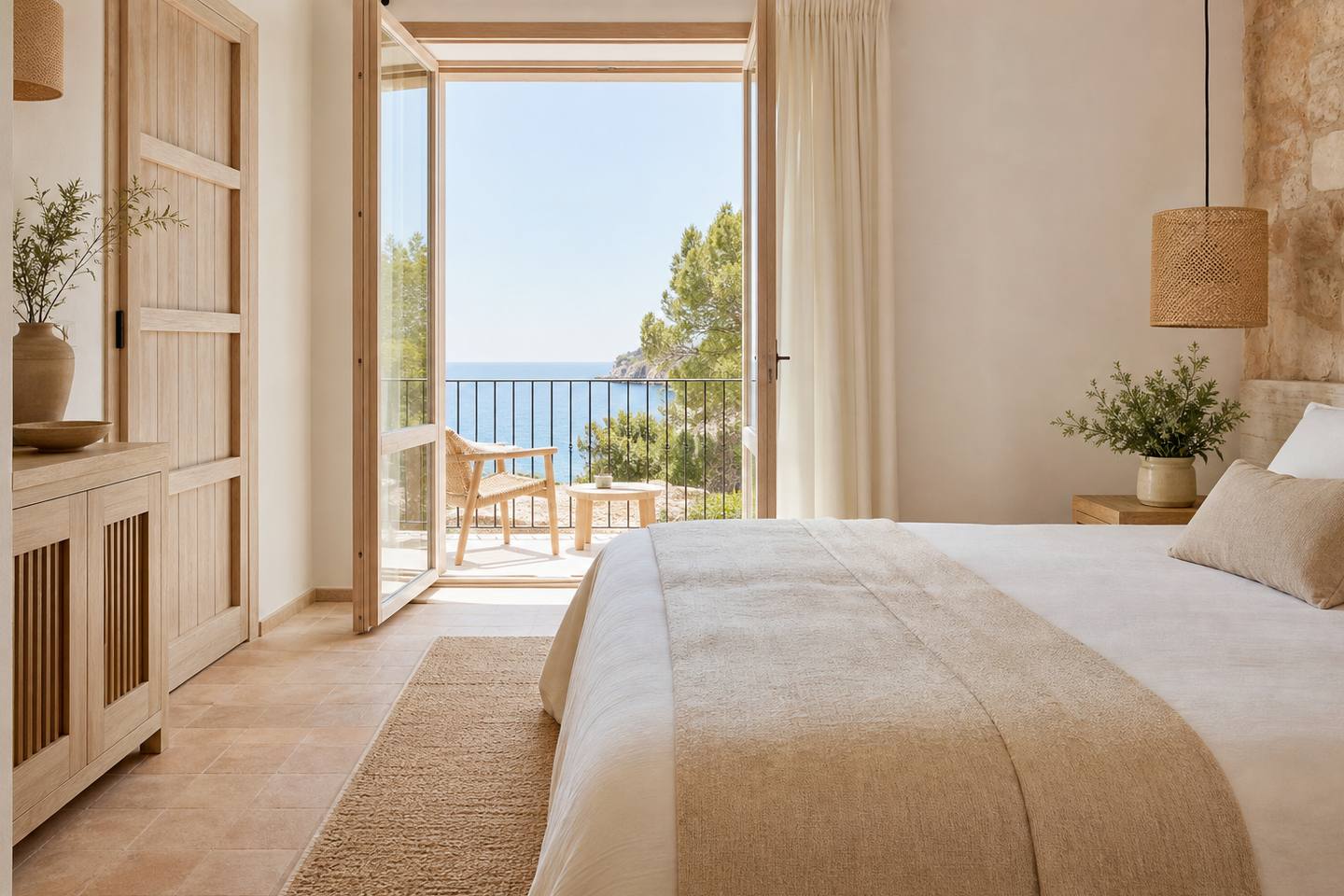 KI-generiertes redaktionelles Stimmungsbild eines mediterranen Hotelzimmers für den Hotelcheck des Hotel JS Porto Colom Suites in Portocolom