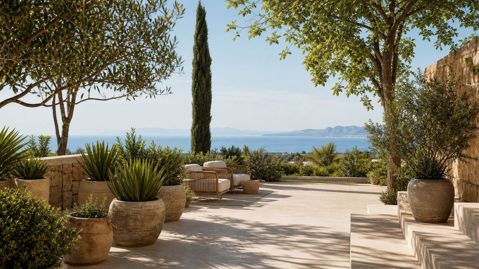 KI-generiertes Mallorca-Stimmungsbild eines mediterranen Hotel-Außenbereichs für den Hotelcheck des HOTEL LJS RATXÓ in Puigpunyent