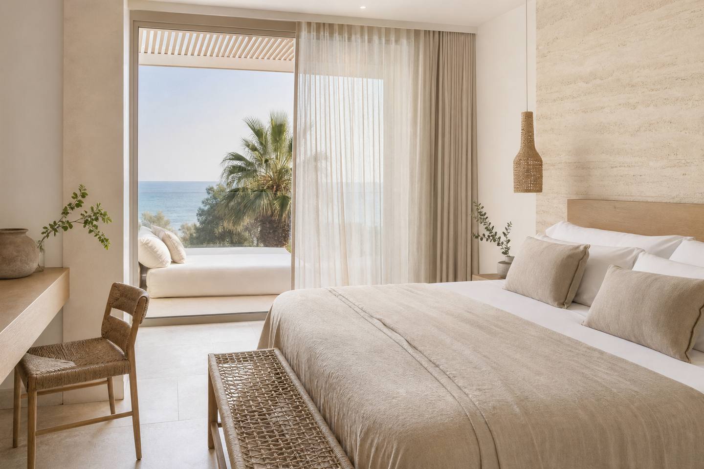 KI-generiertes redaktionelles Stimmungsbild eines mediterranen Hotelzimmers für den Hotelcheck des HOTEL LJS RATXÓ in Puigpunyent