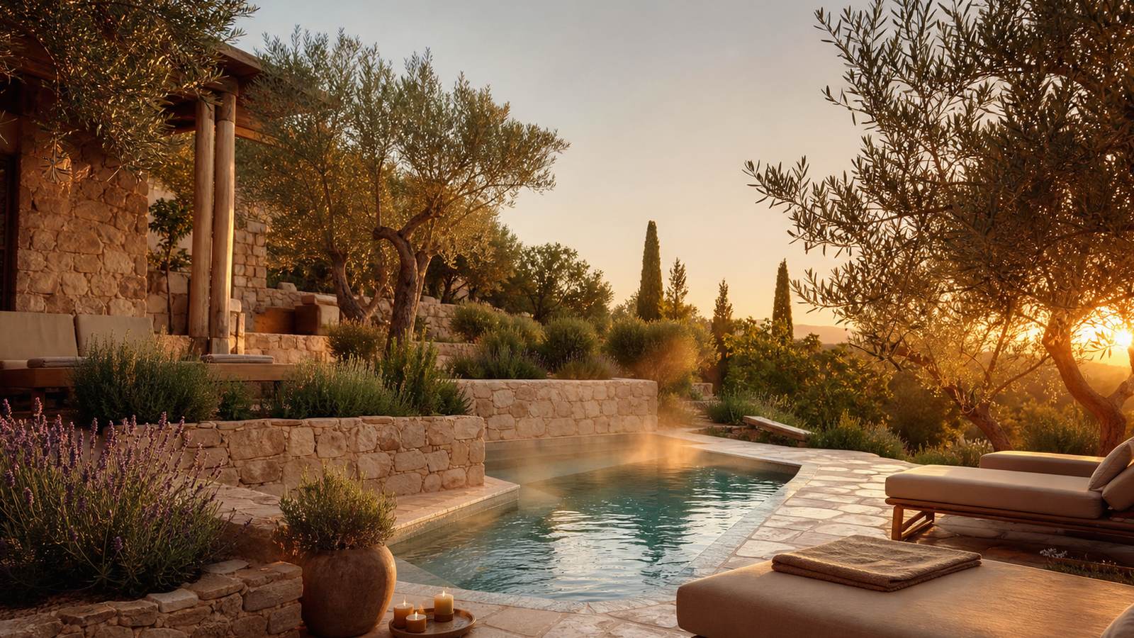 KI-generiertes Mallorca-Stimmungsbild eines mediterranen Hotel-Außenbereichs für den Hotelcheck des Hotel Roc Illetas & SPA in Cas Català-Illetes