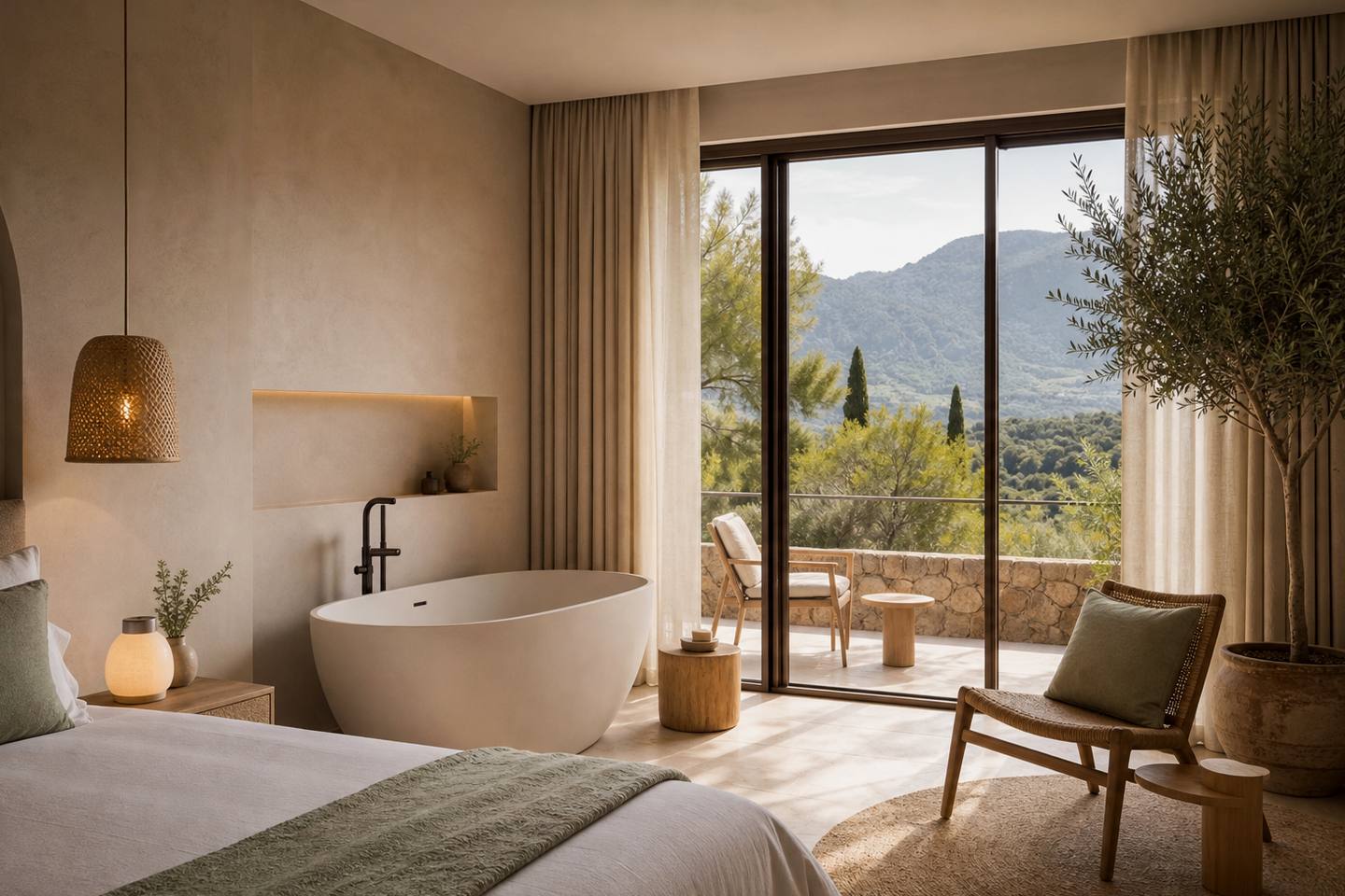 KI-generiertes redaktionelles Stimmungsbild eines mediterranen Hotelzimmers für den Hotelcheck des Hotel Roc Illetas & SPA in Cas Català-Illetes