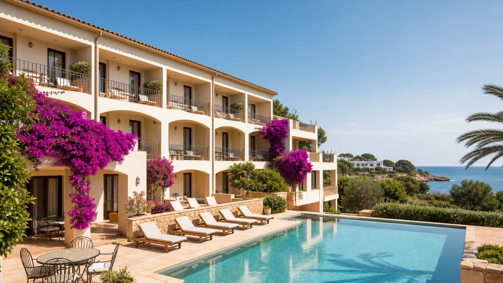KI-generiertes Mallorca-Stimmungsbild eines mediterranen Hotel-Außenbereichs für den Hotelcheck des HOUM MARINA PLAZA in Platja De Palma
