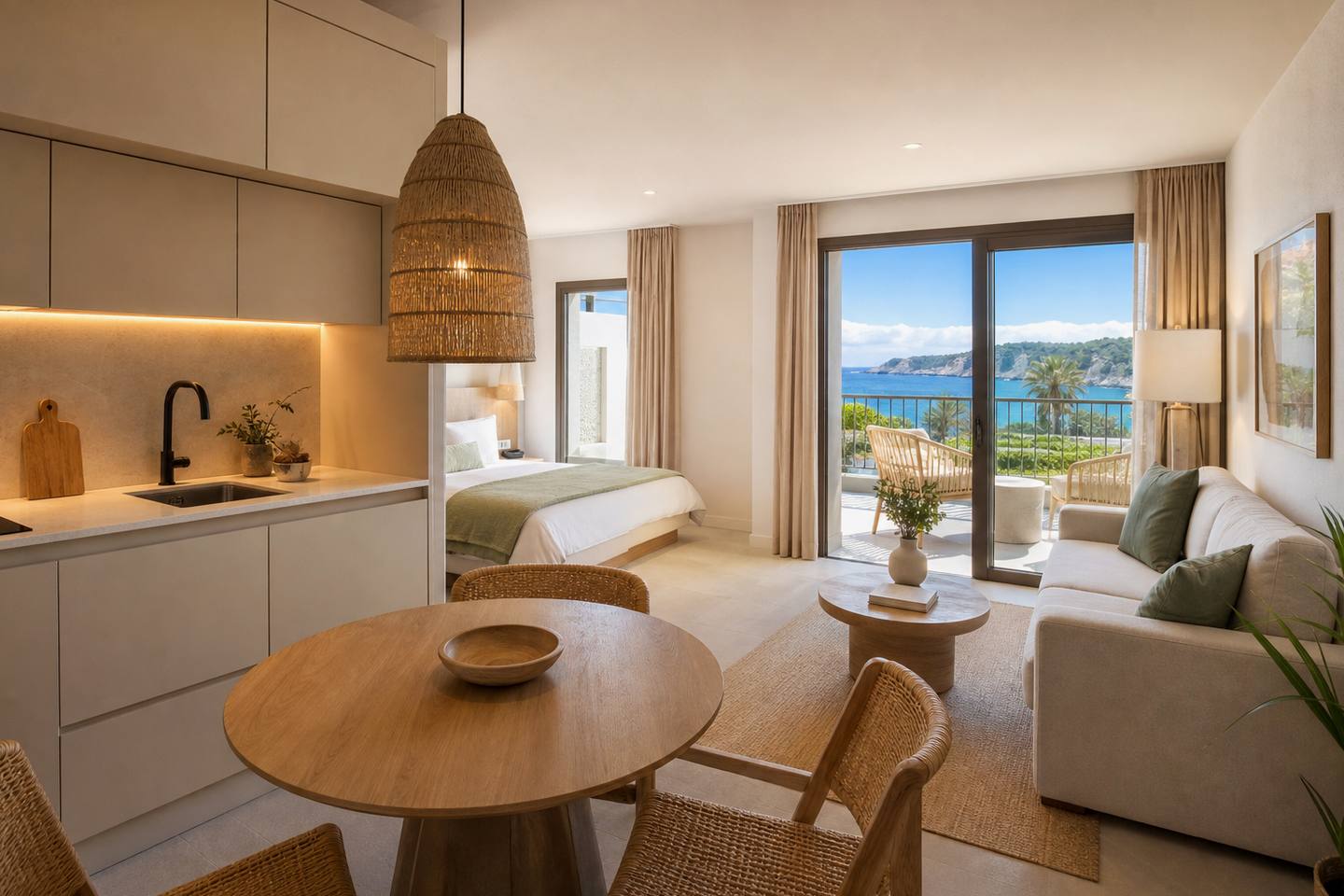 KI-generiertes redaktionelles Stimmungsbild eines mediterranen Hotelzimmers für den Hotelcheck des HOUM MARINA PLAZA in Platja De Palma