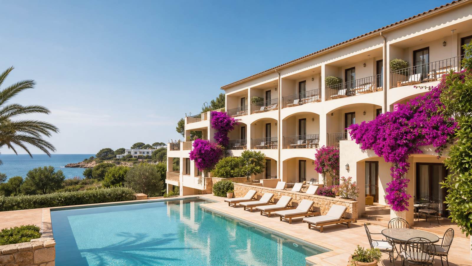 KI-generiertes Mallorca-Stimmungsbild eines mediterranen Hotel-Außenbereichs für den Hotelcheck des HYB EUROCALAS in Cales De Mallorca