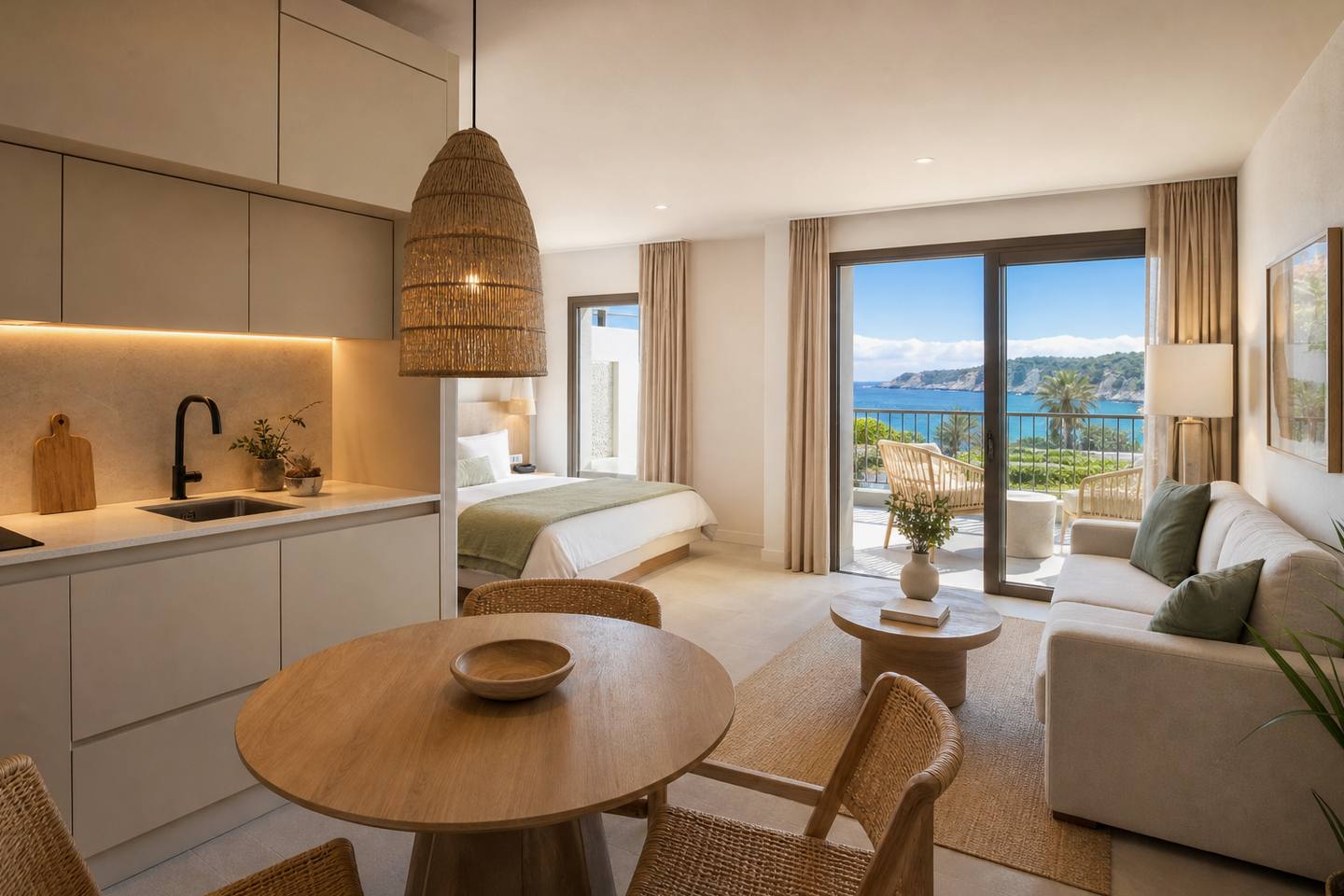 KI-generiertes redaktionelles Stimmungsbild eines mediterranen Hotelzimmers für den Hotelcheck des HYB EUROCALAS in Cales De Mallorca
