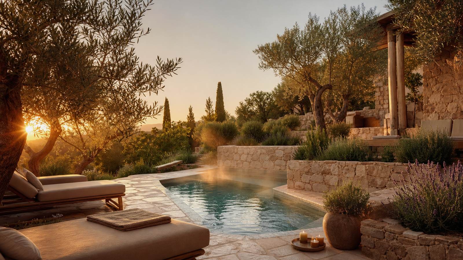 KI-generiertes Mallorca-Stimmungsbild eines mediterranen Hotel-Außenbereichs für den Hotelcheck des ILUSION MARKUS & SPA in Can Picafort