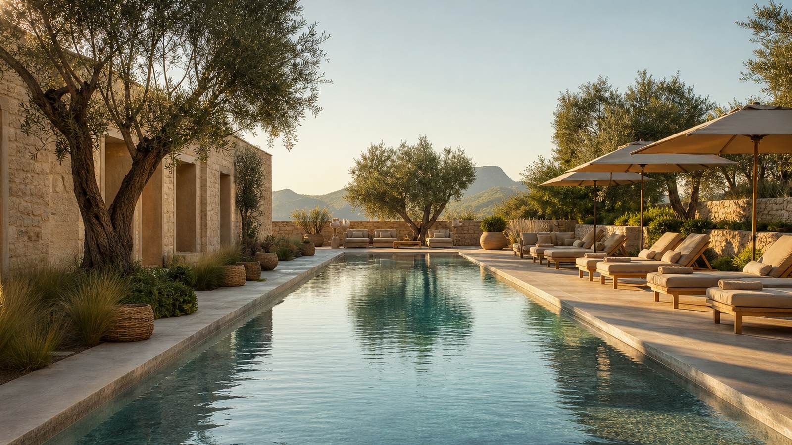 KI-generiertes Mallorca-Stimmungsbild eines mediterranen Hotel-Außenbereichs für den Hotelcheck des INDICO ROCK-HOTEL MALLORCA in Platja De Palma