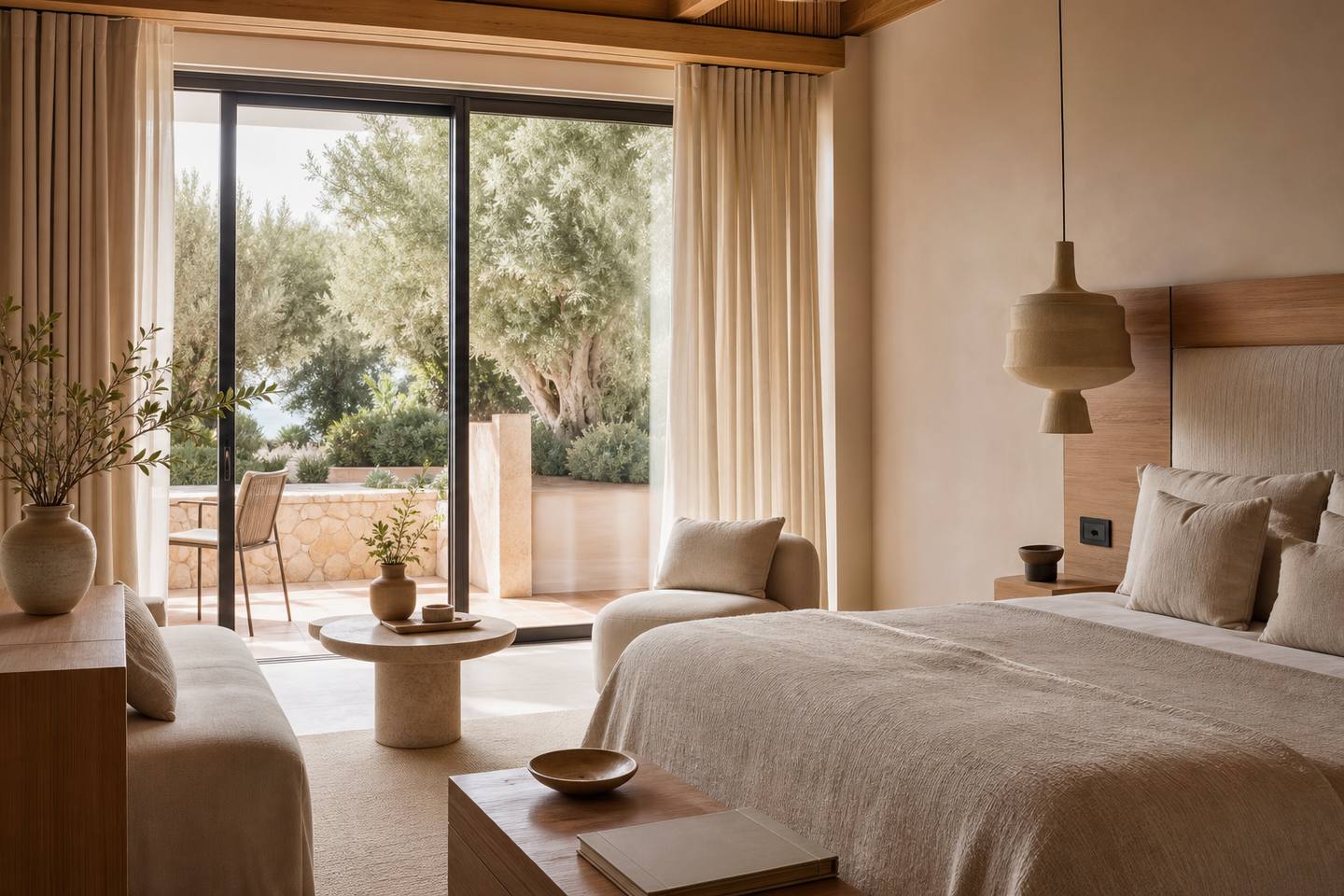 KI-generiertes redaktionelles Stimmungsbild eines mediterranen Hotelzimmers für den Hotelcheck des INDICO ROCK-HOTEL MALLORCA in Platja De Palma