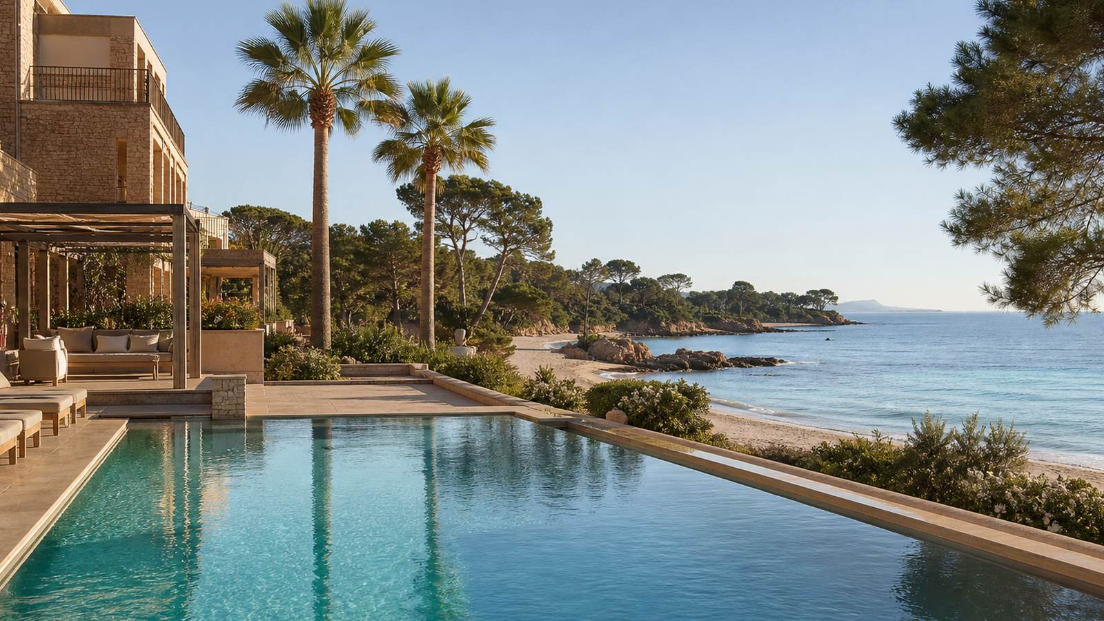 KI-generiertes Mallorca-Stimmungsbild eines mediterranen Hotel-Außenbereichs für den Hotelcheck des INNSIDE BY MELIA CALVIA BEACH in Magaluf