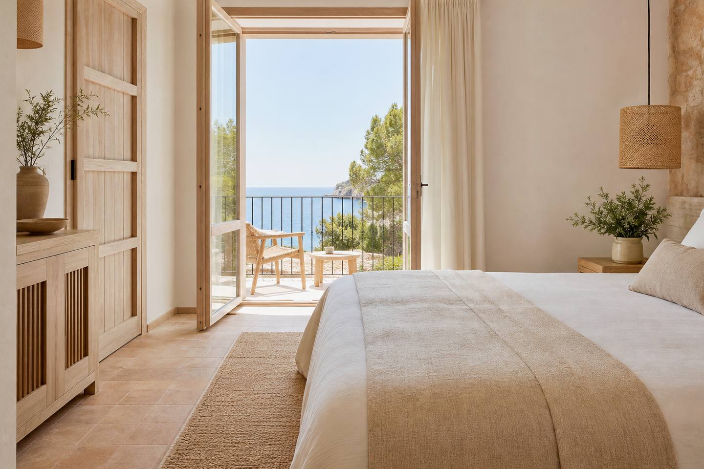 KI-generiertes redaktionelles Stimmungsbild eines mediterranen Hotelzimmers für den Hotelcheck des INNSIDE BY MELIA CALVIA BEACH in Magaluf