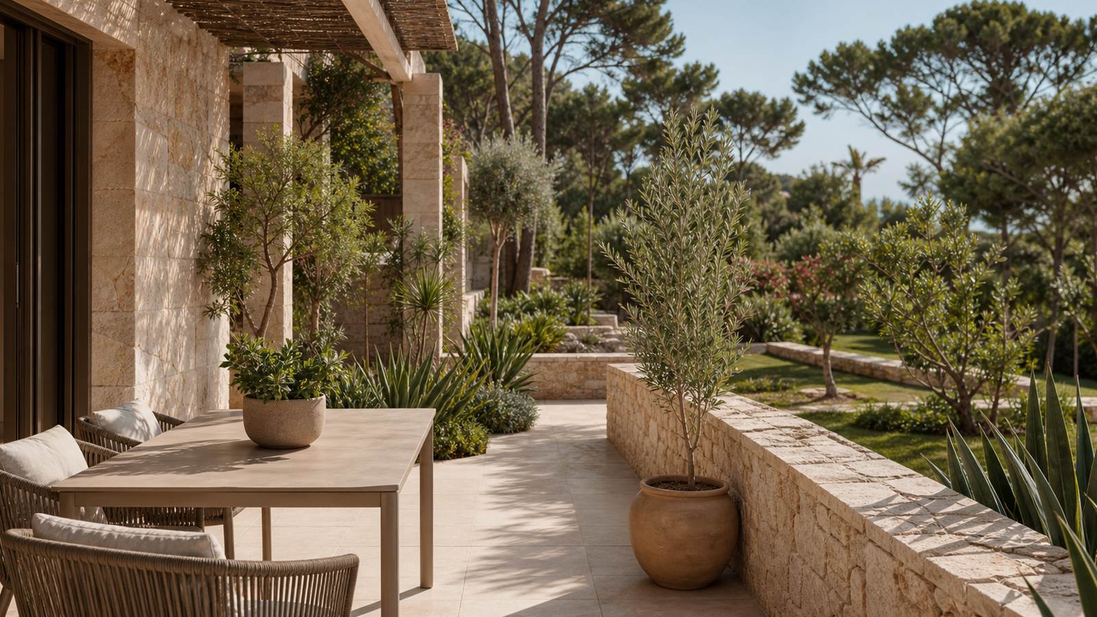 KI-generiertes Mallorca-Stimmungsbild eines mediterranen Hotel-Außenbereichs für den Hotelcheck des INSOTEL CALA MANDIA RESORT & SPA in Cala Anguila-Cala Mendia